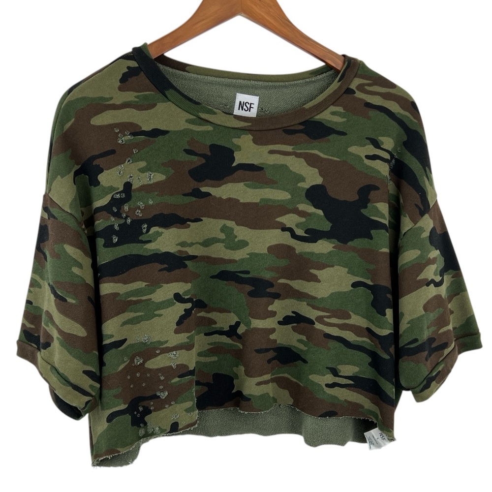 NSF Cropped Distressed Camo Shirt Top Size Small